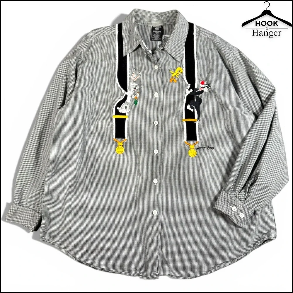 Vintage Warner Bros Looney Tunes Shirt XL Black White Gingham 90s Faux Suspender - Picture 3 of 13